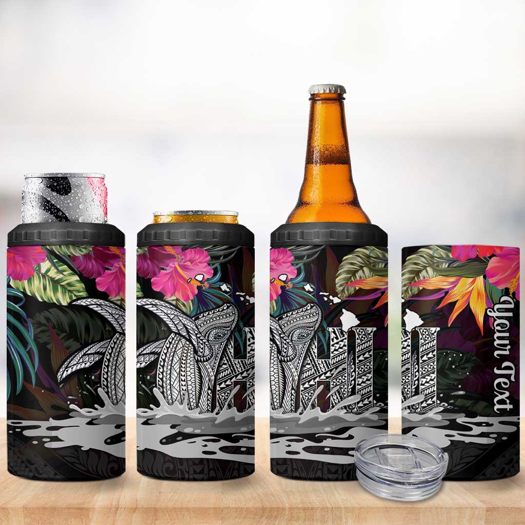 Personalised Hawaii 4 in 1 Can Cooler Tumbler Humpback Whale Tattoo With Tropical Flowers Black