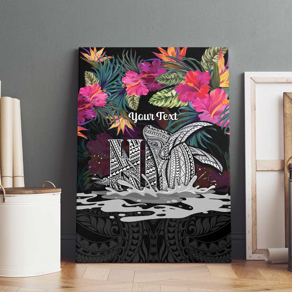 Personalised Hawaii Canvas Wall Art Humpback Whale Tattoo With Tropical Flowers Black