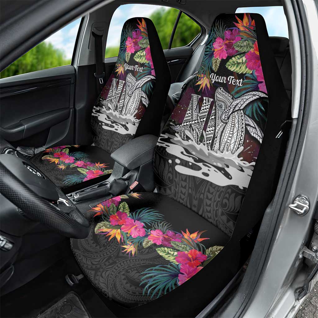 Personalised Hawaii Car Seat Cover Humpback Whale Tattoo With Tropical Flowers Black