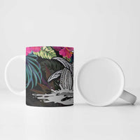 Personalised Hawaii Ceramic Mug Humpback Whale Tattoo With Tropical Flowers Black