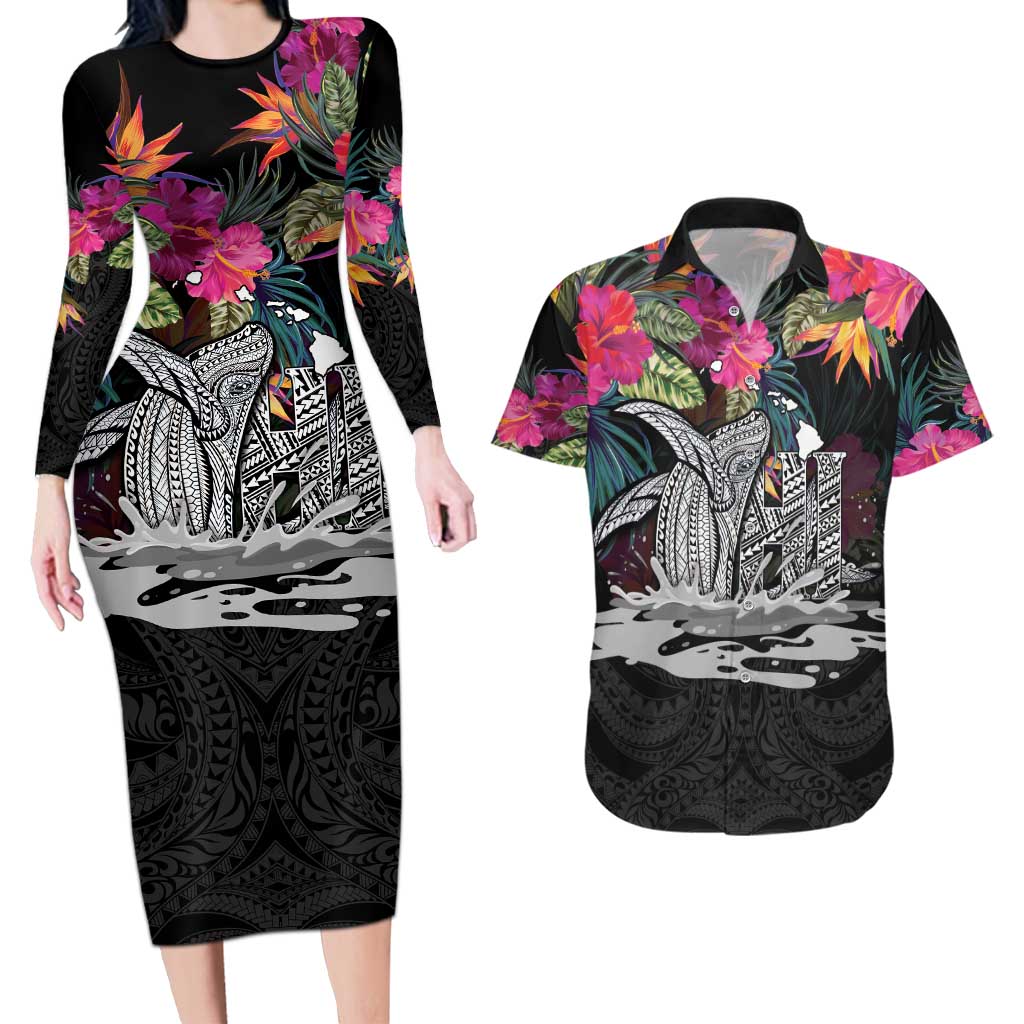 Personalised Hawaii Couples Matching Long Sleeve Bodycon Dress and Hawaiian Shirt Humpback Whale Tattoo With Tropical Flowers Black