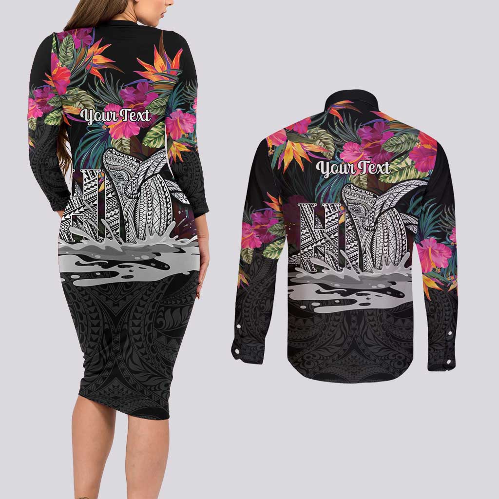 Personalised Hawaii Couples Matching Long Sleeve Bodycon Dress and Long Sleeve Button Shirt Humpback Whale Tattoo With Tropical Flowers Black