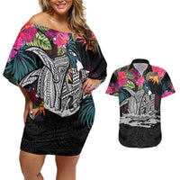 Personalised Hawaii Couples Matching Off Shoulder Short Dress and Hawaiian Shirt Humpback Whale Tattoo With Tropical Flowers Black