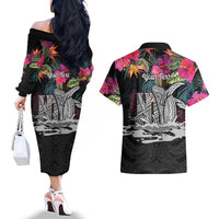Personalised Hawaii Couples Matching Off The Shoulder Long Sleeve Dress and Hawaiian Shirt Humpback Whale Tattoo With Tropical Flowers Black LT14 - Polynesian Pride