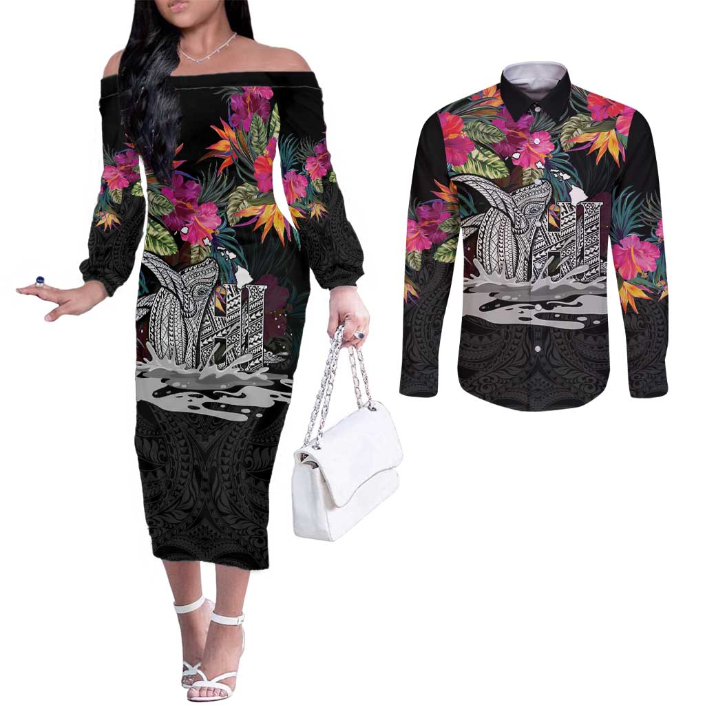 Personalised Hawaii Couples Matching Off The Shoulder Long Sleeve Dress and Long Sleeve Button Shirt Humpback Whale Tattoo With Tropical Flowers Black