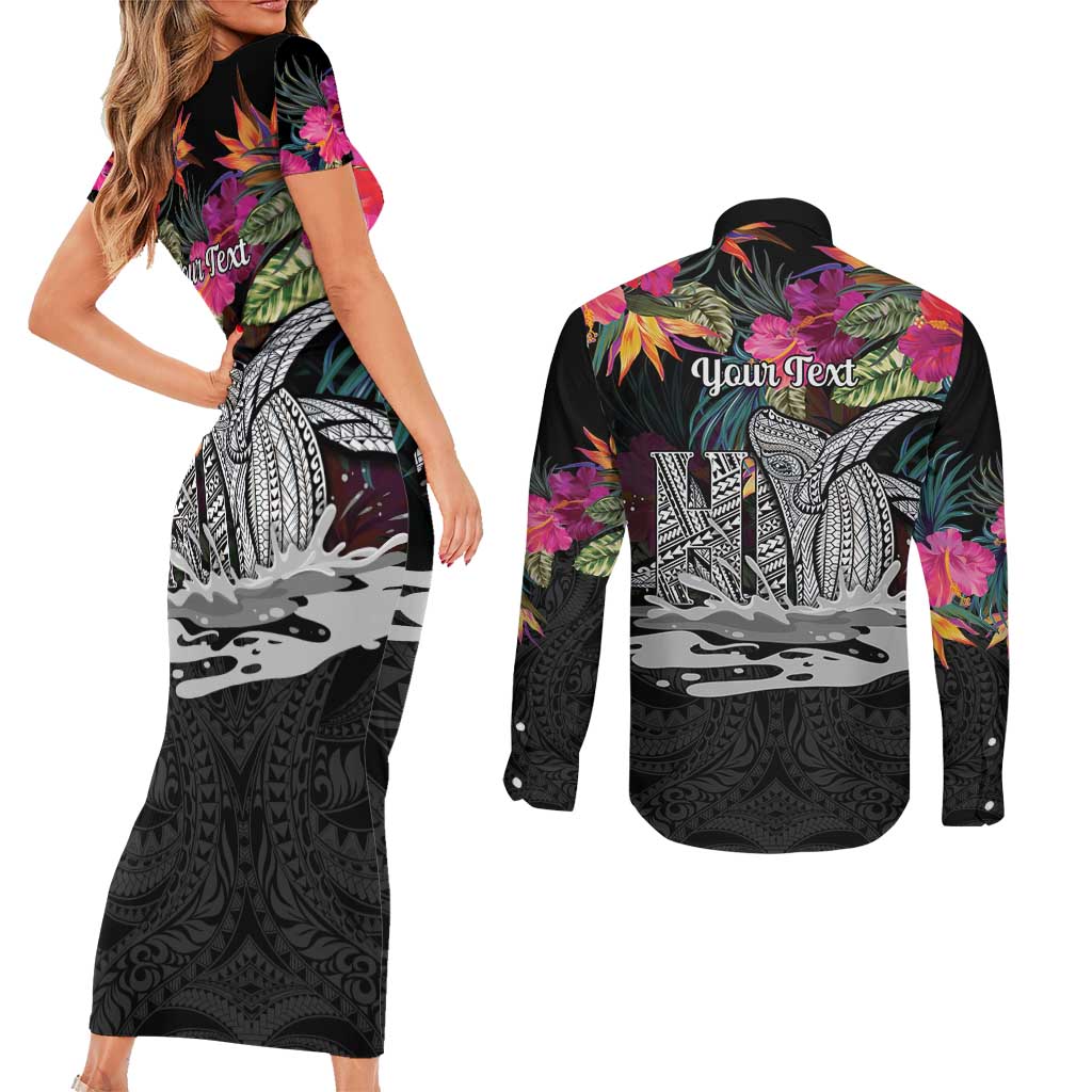 Personalised Hawaii Couples Matching Short Sleeve Bodycon Dress and Long Sleeve Button Shirt Humpback Whale Tattoo With Tropical Flowers Black