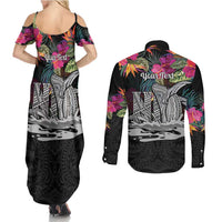 Personalised Hawaii Couples Matching Summer Maxi Dress and Long Sleeve Button Shirt Humpback Whale Tattoo With Tropical Flowers Black