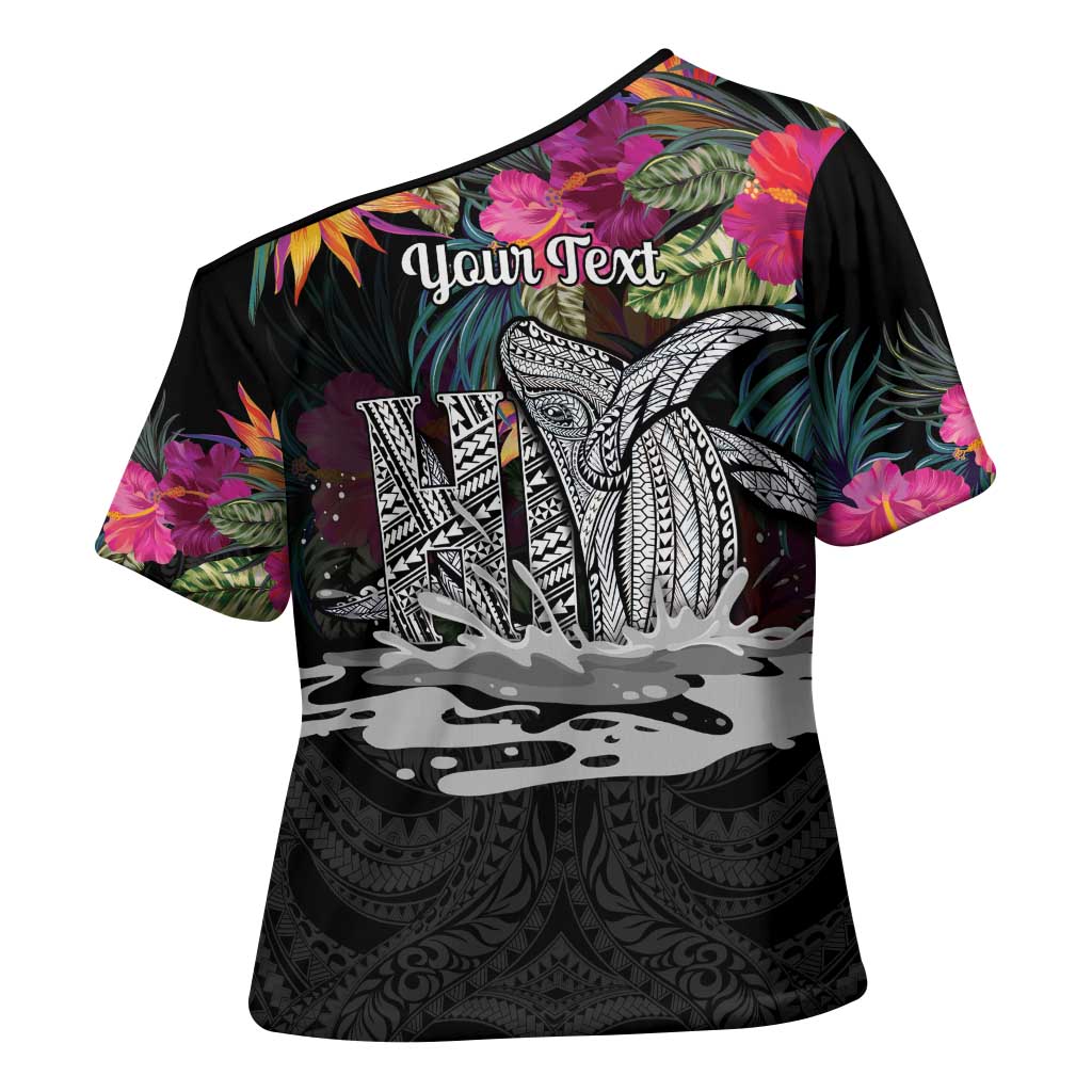Personalised Hawaii Cross Shoulder Shirt Humpback Whale Tattoo With Tropical Flowers Black