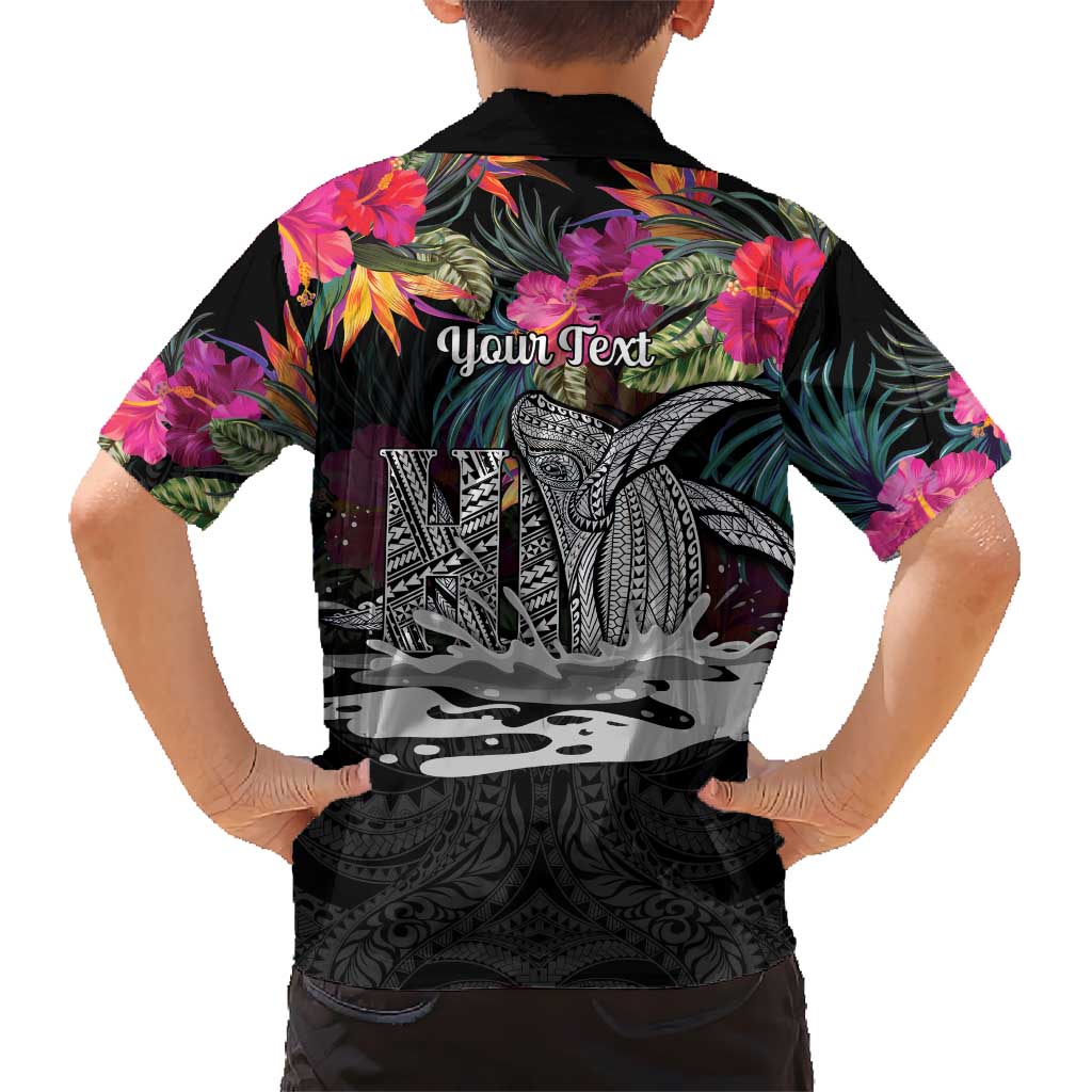 Personalised Hawaii Family Matching Long Sleeve Bodycon Dress and Hawaiian Shirt Humpback Whale Tattoo With Tropical Flowers Black LT14 - Polynesian Pride