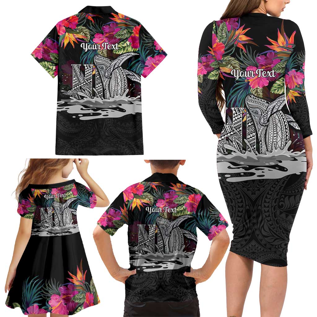 Personalised Hawaii Family Matching Long Sleeve Bodycon Dress and Hawaiian Shirt Humpback Whale Tattoo With Tropical Flowers Black LT14 - Polynesian Pride