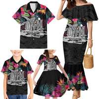 Personalised Hawaii Family Matching Mermaid Dress and Hawaiian Shirt Humpback Whale Tattoo With Tropical Flowers Black LT14 - Polynesian Pride