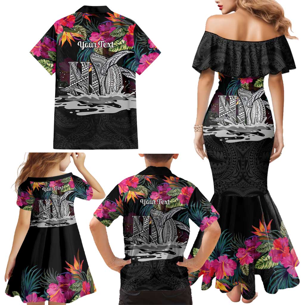 Personalised Hawaii Family Matching Mermaid Dress and Hawaiian Shirt Humpback Whale Tattoo With Tropical Flowers Black LT14 - Polynesian Pride