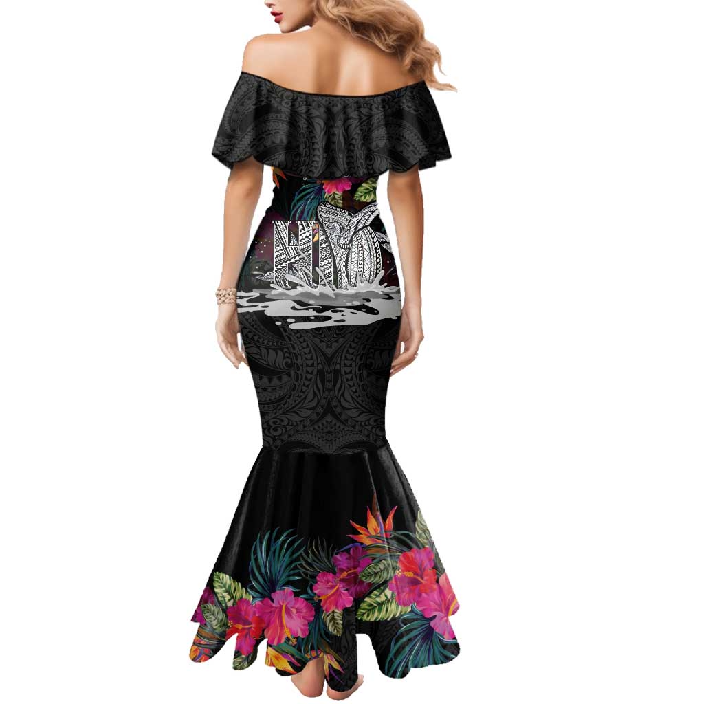 Personalised Hawaii Family Matching Mermaid Dress and Hawaiian Shirt Humpback Whale Tattoo With Tropical Flowers Black LT14 - Polynesian Pride