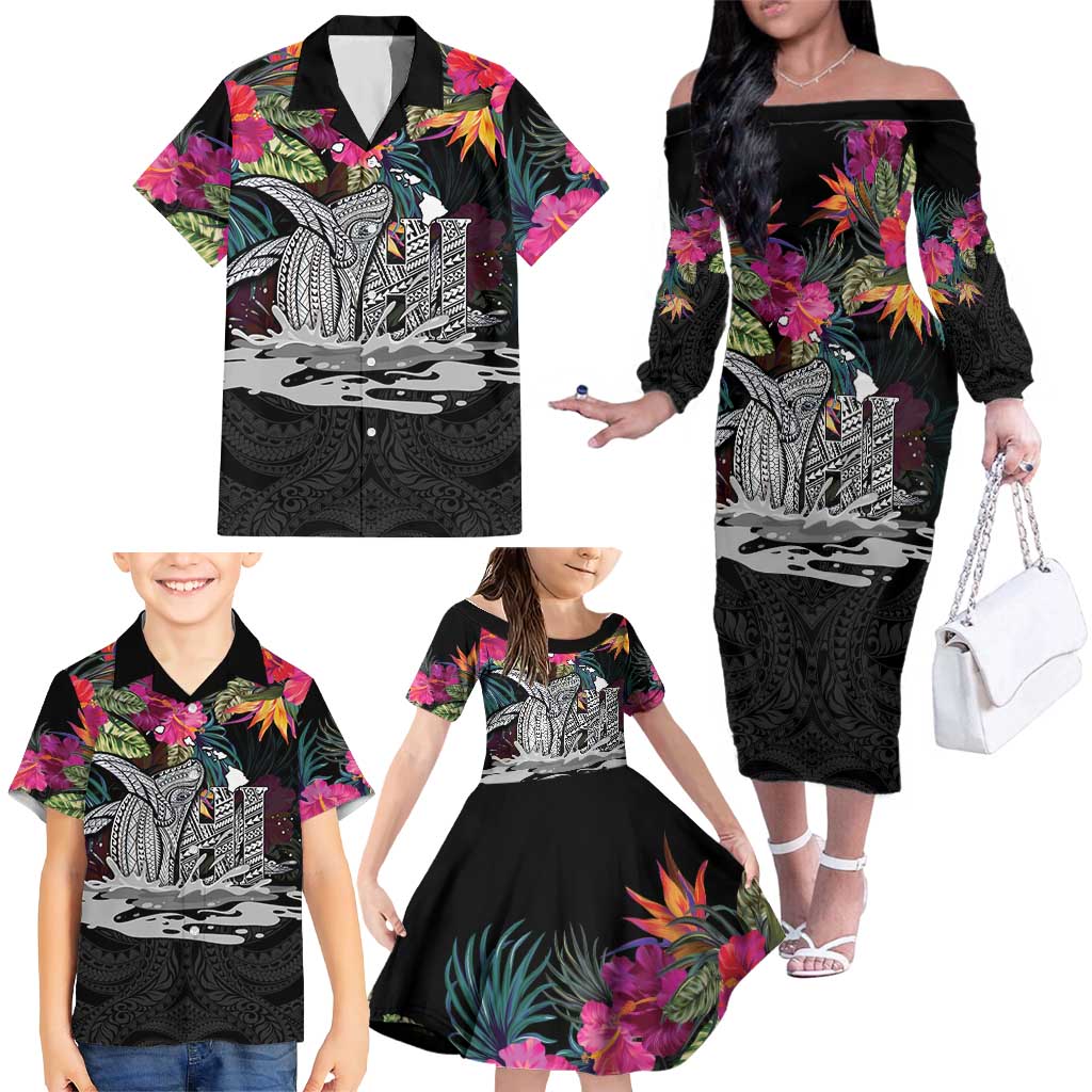 Personalised Hawaii Family Matching Off The Shoulder Long Sleeve Dress and Hawaiian Shirt Humpback Whale Tattoo With Tropical Flowers Black LT14 - Polynesian Pride