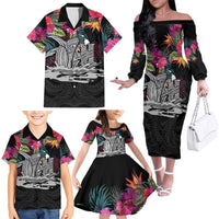 Personalised Hawaii Family Matching Off The Shoulder Long Sleeve Dress and Hawaiian Shirt Humpback Whale Tattoo With Tropical Flowers Black LT14 - Polynesian Pride