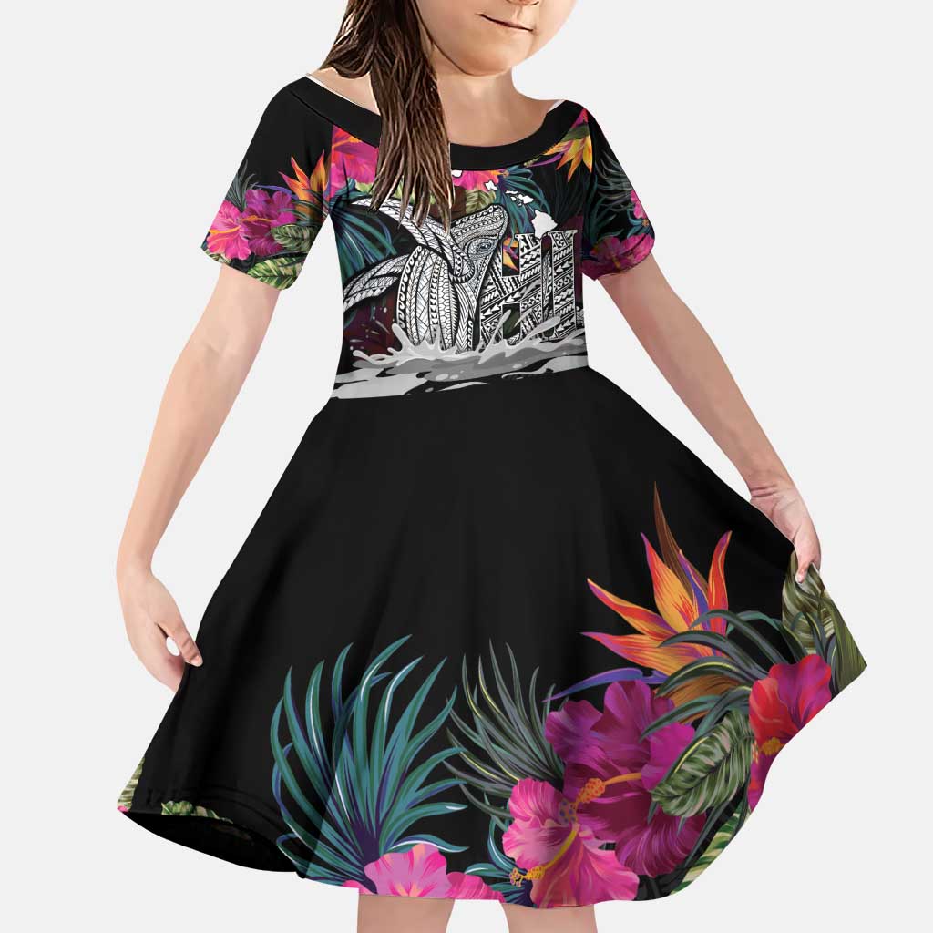 Personalised Hawaii Family Matching Off Shoulder Maxi Dress and Hawaiian Shirt Humpback Whale Tattoo With Tropical Flowers Black LT14 Daughter's Dress Black - Polynesian Pride