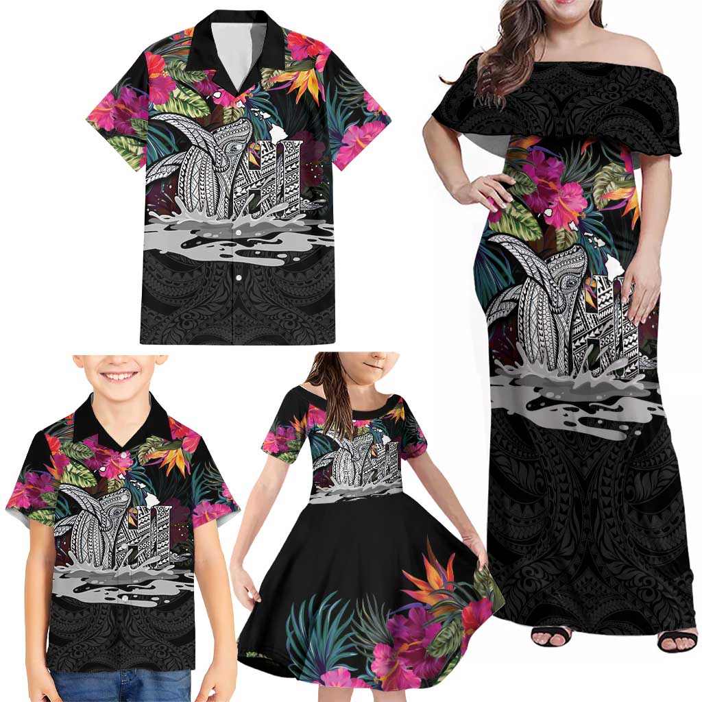 Personalised Hawaii Family Matching Off Shoulder Maxi Dress and Hawaiian Shirt Humpback Whale Tattoo With Tropical Flowers Black