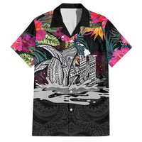 Personalised Hawaii Family Matching Off Shoulder Maxi Dress and Hawaiian Shirt Humpback Whale Tattoo With Tropical Flowers Black LT14 Dad's Shirt - Short Sleeve Black - Polynesian Pride