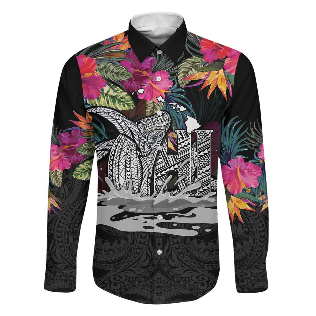 Personalised Hawaii Family Matching Off Shoulder Maxi Dress and Hawaiian Shirt Humpback Whale Tattoo With Tropical Flowers Black LT14 Dad's Shirt - Long Sleeve Black - Polynesian Pride