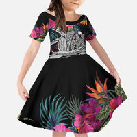 Personalised Hawaii Family Matching Off Shoulder Short Dress and Hawaiian Shirt Humpback Whale Tattoo With Tropical Flowers Black LT14 Daughter's Dress Black - Polynesian Pride