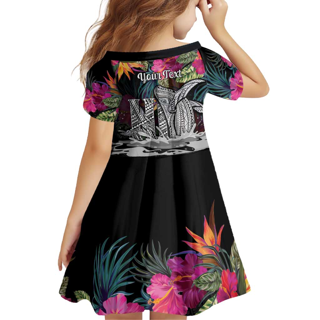 Personalised Hawaii Family Matching Off Shoulder Short Dress and Hawaiian Shirt Humpback Whale Tattoo With Tropical Flowers Black LT14 - Polynesian Pride
