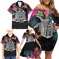 Personalised Hawaii Family Matching Off Shoulder Short Dress and Hawaiian Shirt Humpback Whale Tattoo With Tropical Flowers Black LT14 - Polynesian Pride