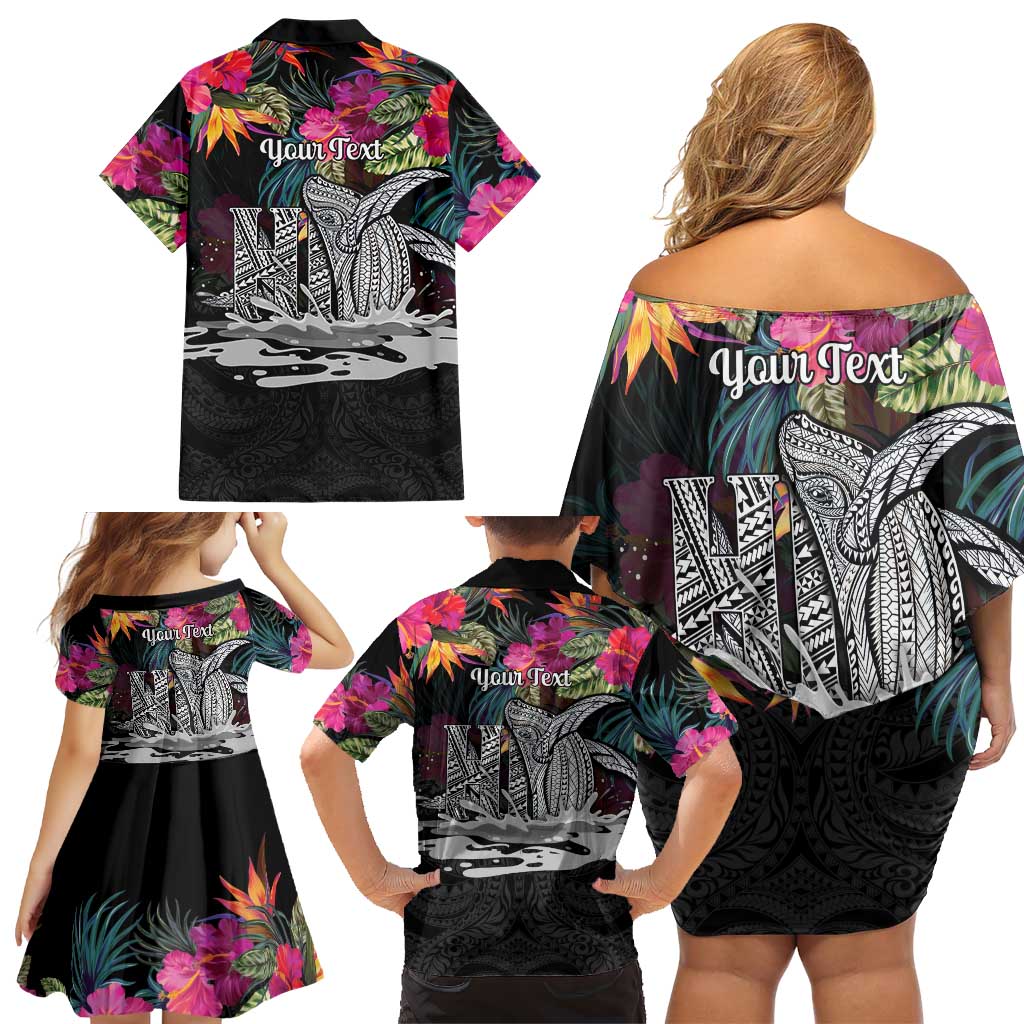 Personalised Hawaii Family Matching Off Shoulder Short Dress and Hawaiian Shirt Humpback Whale Tattoo With Tropical Flowers Black LT14 - Polynesian Pride