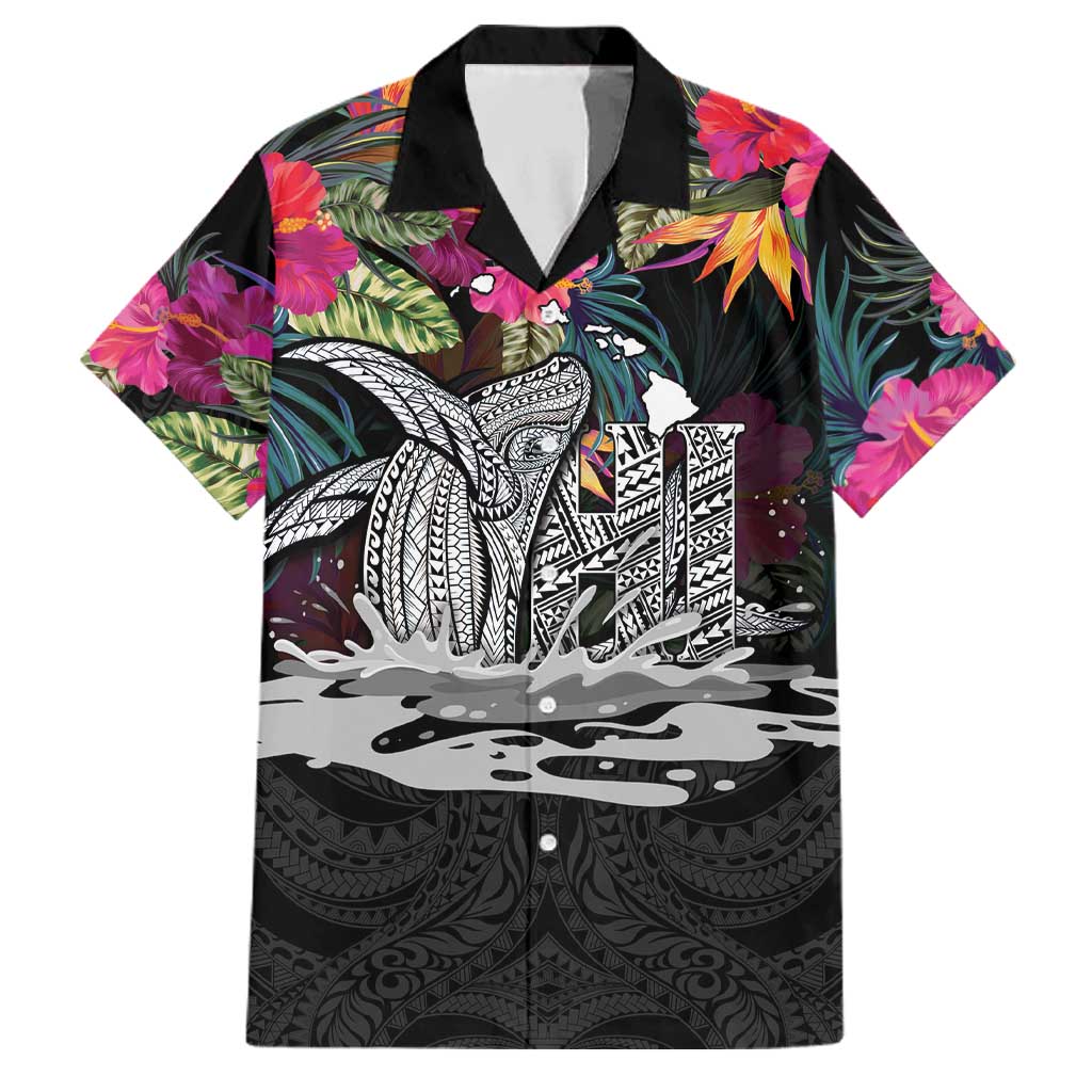 Personalised Hawaii Family Matching Off Shoulder Short Dress and Hawaiian Shirt Humpback Whale Tattoo With Tropical Flowers Black LT14 Dad's Shirt - Short Sleeve Black - Polynesian Pride