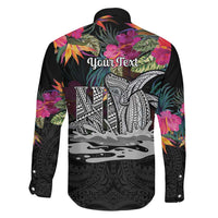 Personalised Hawaii Family Matching Off Shoulder Short Dress and Hawaiian Shirt Humpback Whale Tattoo With Tropical Flowers Black LT14 - Polynesian Pride
