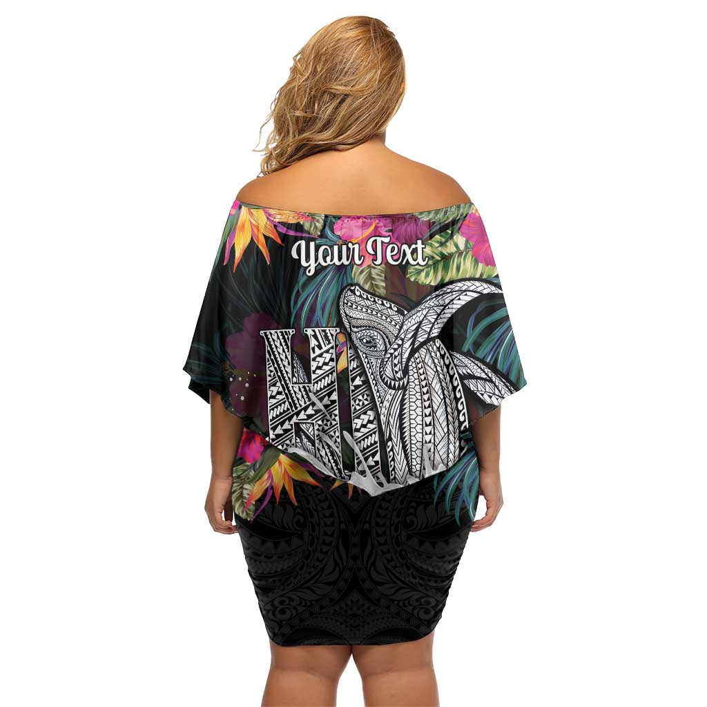 Personalised Hawaii Family Matching Off Shoulder Short Dress and Hawaiian Shirt Humpback Whale Tattoo With Tropical Flowers Black LT14 - Polynesian Pride