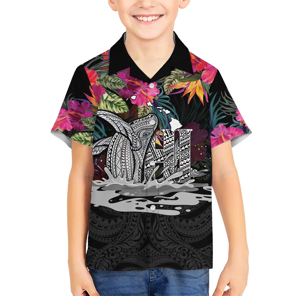 Personalised Hawaii Family Matching Off Shoulder Short Dress and Hawaiian Shirt Humpback Whale Tattoo With Tropical Flowers Black LT14 Son's Shirt Black - Polynesian Pride