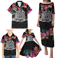 Personalised Hawaii Family Matching Puletasi and Hawaiian Shirt Humpback Whale Tattoo With Tropical Flowers Black LT14 - Polynesian Pride