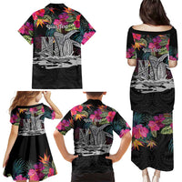 Personalised Hawaii Family Matching Puletasi and Hawaiian Shirt Humpback Whale Tattoo With Tropical Flowers Black LT14 - Polynesian Pride