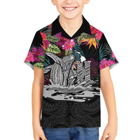 Personalised Hawaii Family Matching Puletasi and Hawaiian Shirt Humpback Whale Tattoo With Tropical Flowers Black LT14 Son's Shirt Black - Polynesian Pride