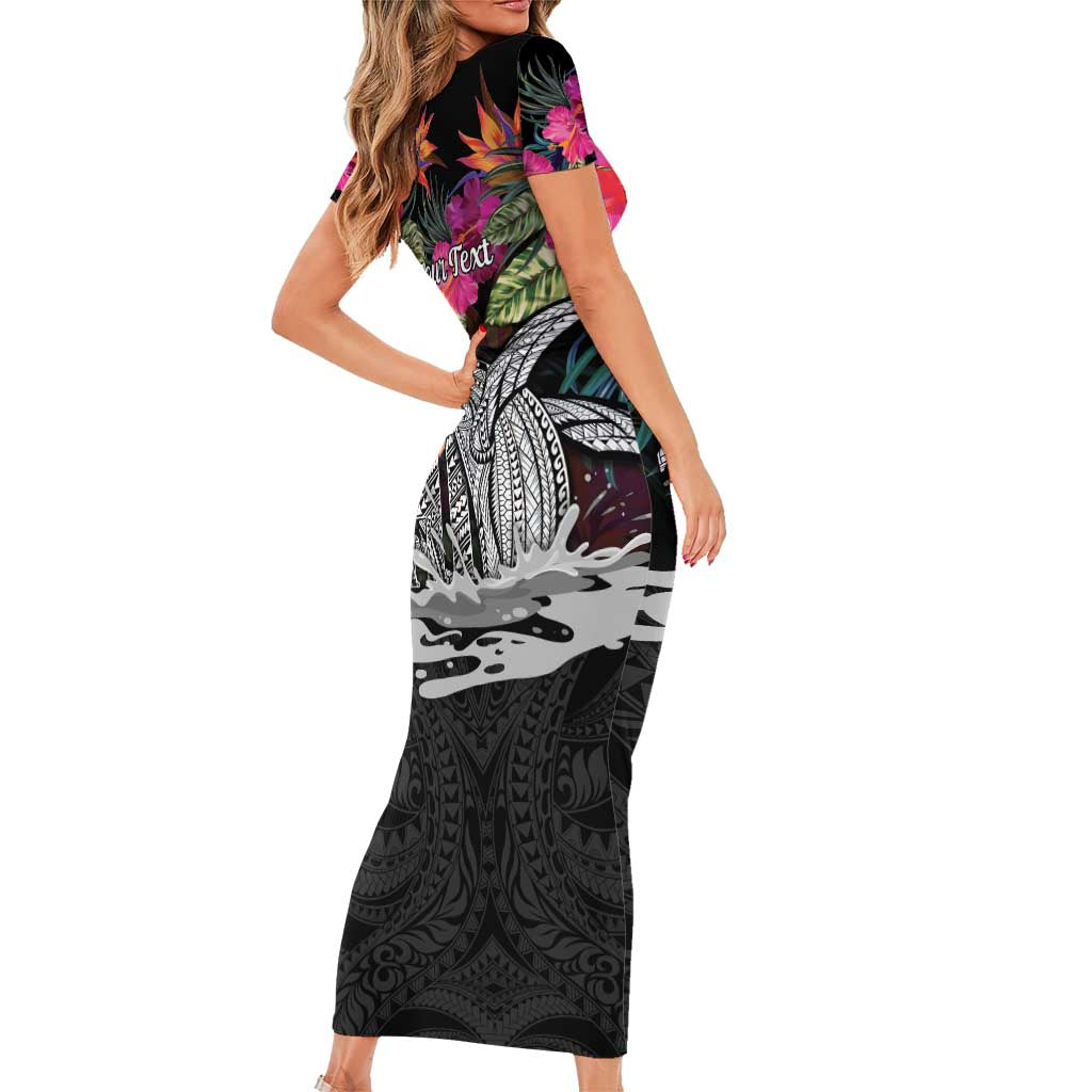 Personalised Hawaii Family Matching Short Sleeve Bodycon Dress and Hawaiian Shirt Humpback Whale Tattoo With Tropical Flowers Black LT14 - Polynesian Pride