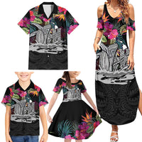 Personalised Hawaii Family Matching Summer Maxi Dress and Hawaiian Shirt Humpback Whale Tattoo With Tropical Flowers Black LT14 - Polynesian Pride