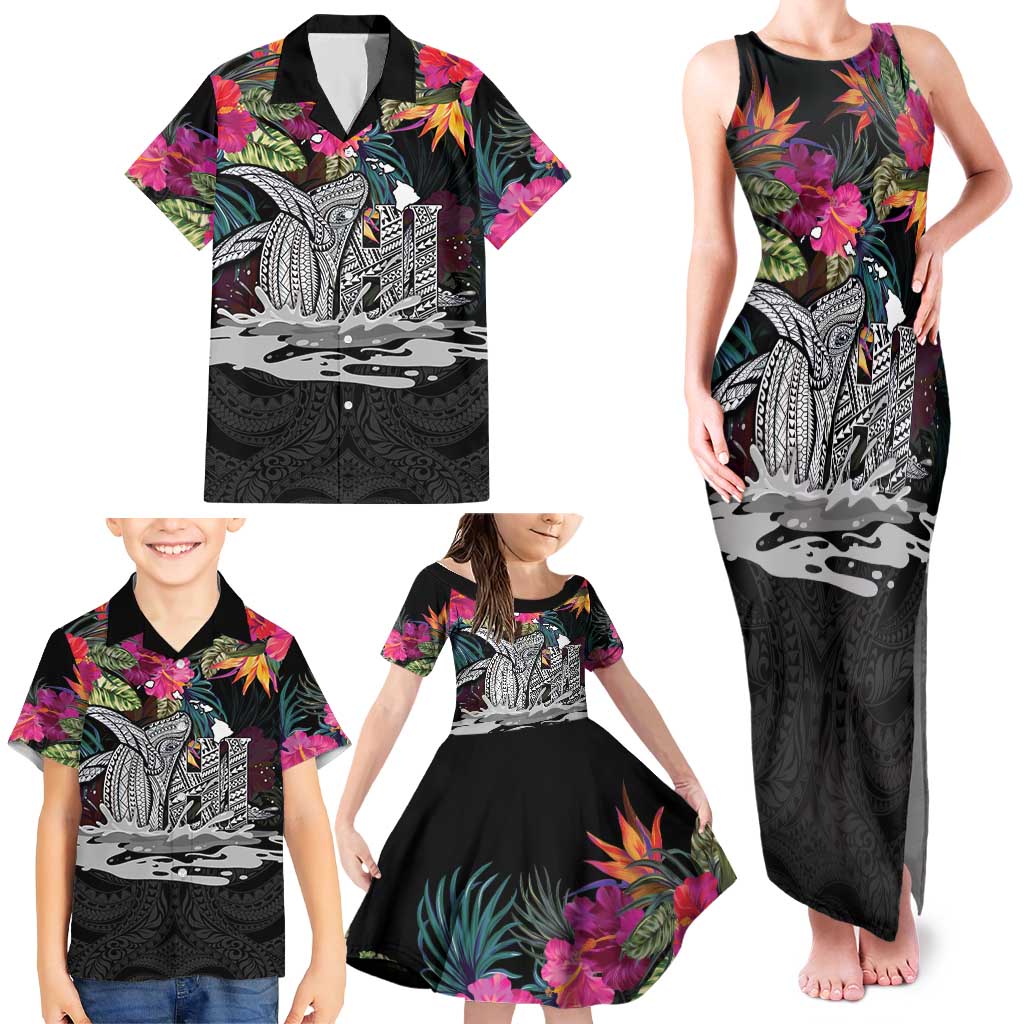Personalised Hawaii Family Matching Tank Maxi Dress and Hawaiian Shirt Humpback Whale Tattoo With Tropical Flowers Black LT14 - Polynesian Pride