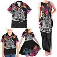 Personalised Hawaii Family Matching Tank Maxi Dress and Hawaiian Shirt Humpback Whale Tattoo With Tropical Flowers Black LT14 - Polynesian Pride
