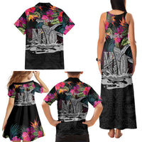 Personalised Hawaii Family Matching Tank Maxi Dress and Hawaiian Shirt Humpback Whale Tattoo With Tropical Flowers Black LT14 - Polynesian Pride