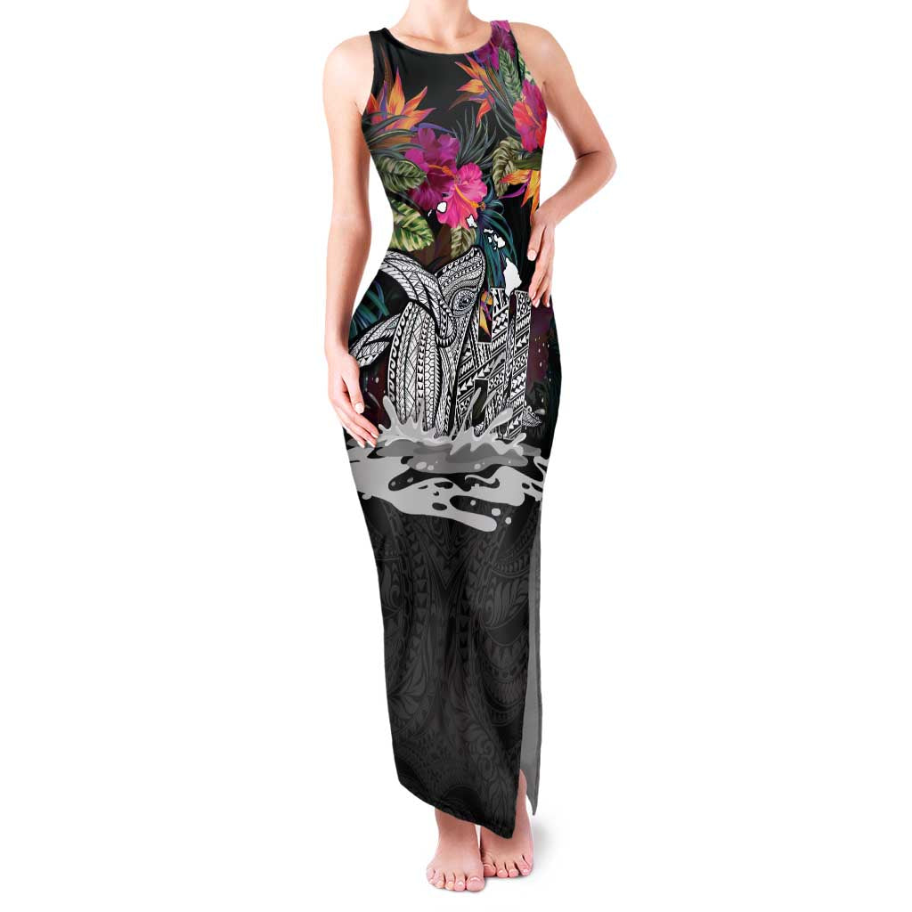 Personalised Hawaii Family Matching Tank Maxi Dress and Hawaiian Shirt Humpback Whale Tattoo With Tropical Flowers Black LT14 Mom's Dress Black - Polynesian Pride