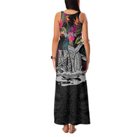 Personalised Hawaii Family Matching Tank Maxi Dress and Hawaiian Shirt Humpback Whale Tattoo With Tropical Flowers Black LT14 - Polynesian Pride