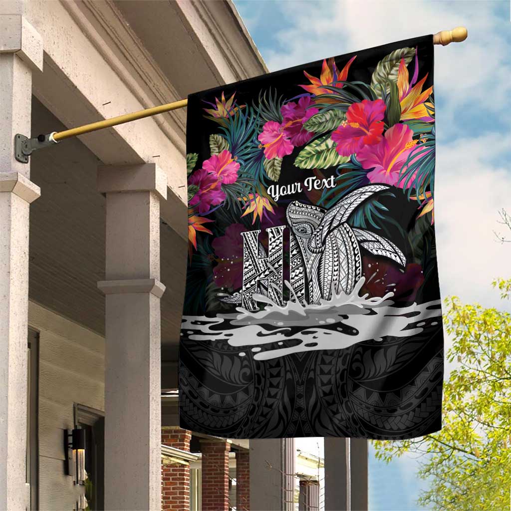 Personalised Hawaii Garden Flag Humpback Whale Tattoo With Tropical Flowers Black