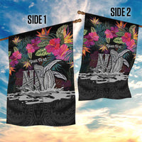 Personalised Hawaii Garden Flag Humpback Whale Tattoo With Tropical Flowers Black