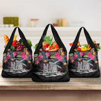 Personalised Hawaii Grocery Bag Humpback Whale Tattoo With Tropical Flowers Black