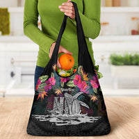 Personalised Hawaii Grocery Bag Humpback Whale Tattoo With Tropical Flowers Black