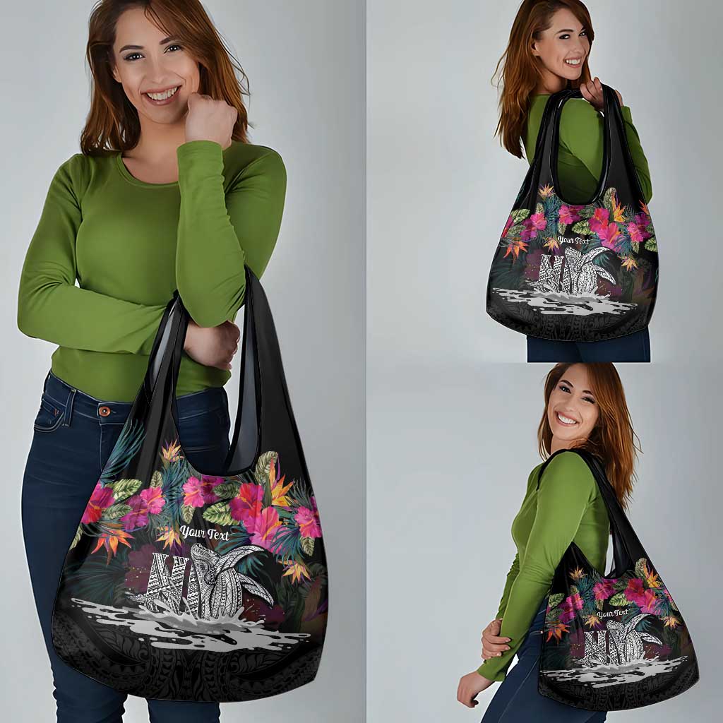 Personalised Hawaii Grocery Bag Humpback Whale Tattoo With Tropical Flowers Black
