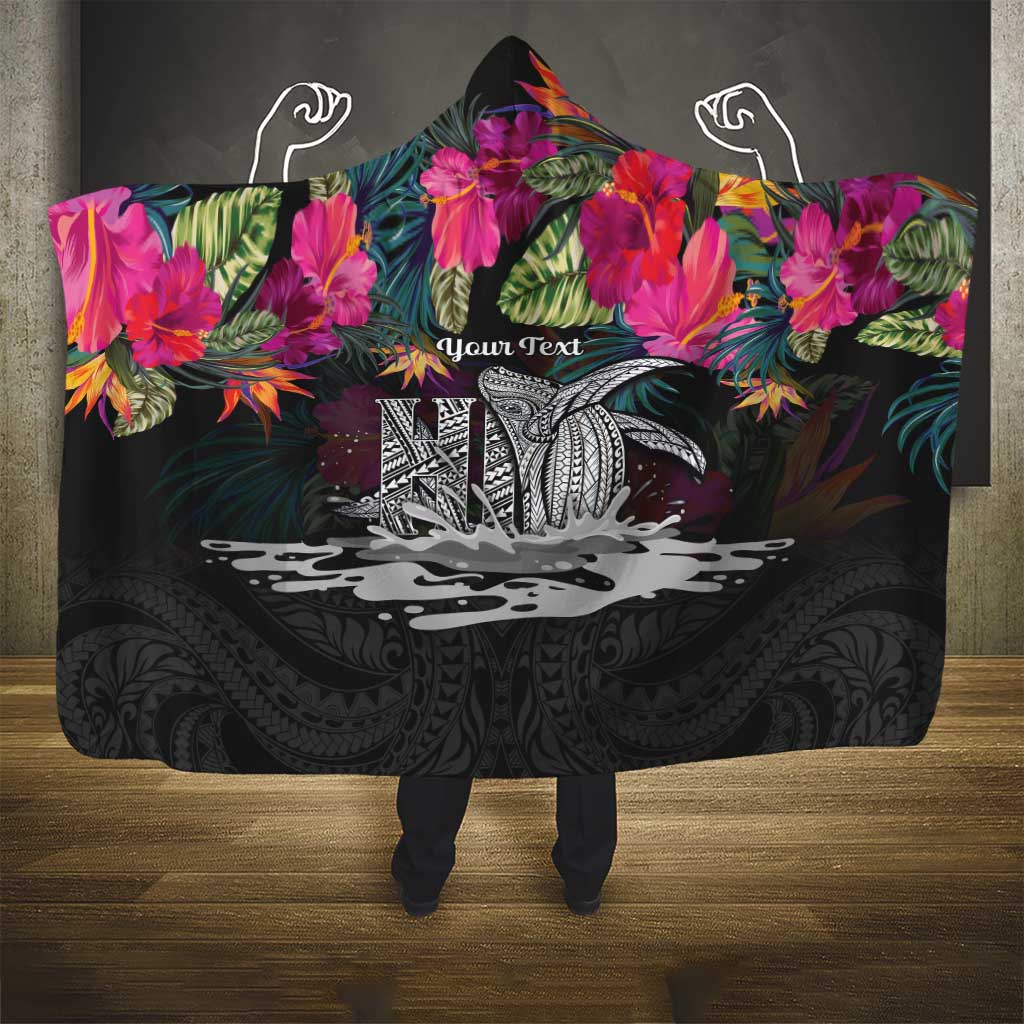 Personalised Hawaii Hooded Blanket Humpback Whale Tattoo With Tropical Flowers Black