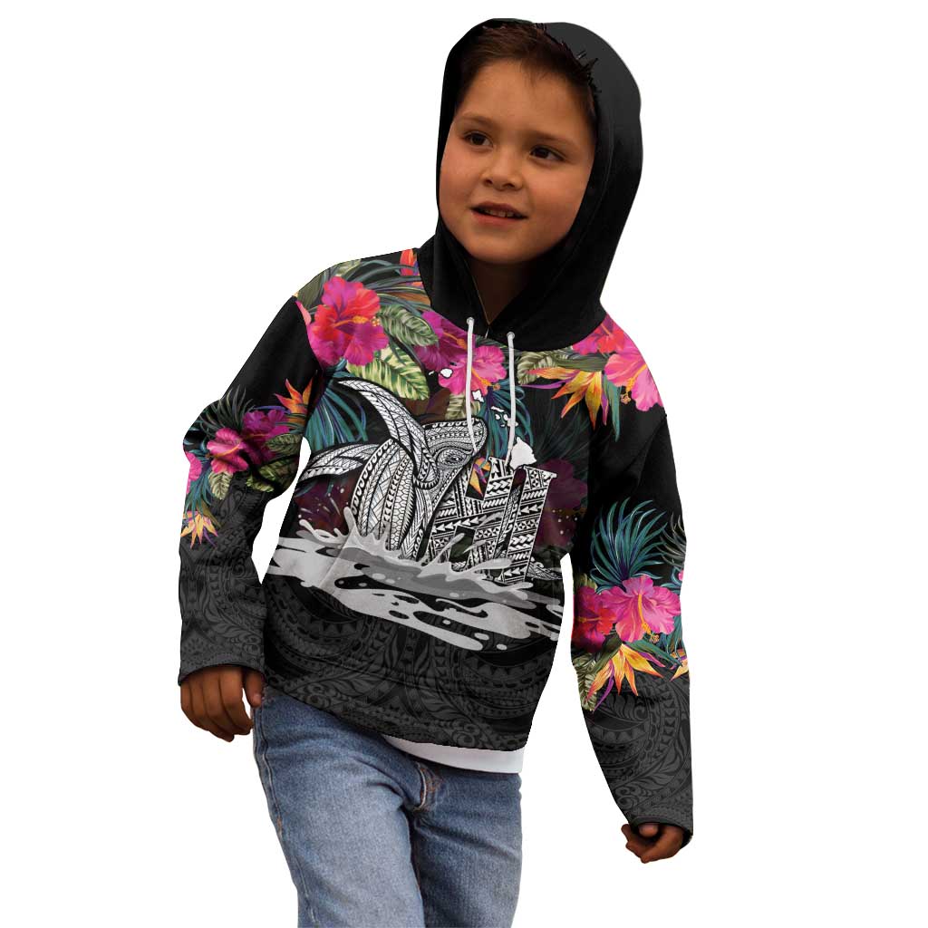Personalised Hawaii Kid Hoodie Humpback Whale Tattoo With Tropical Flowers Black