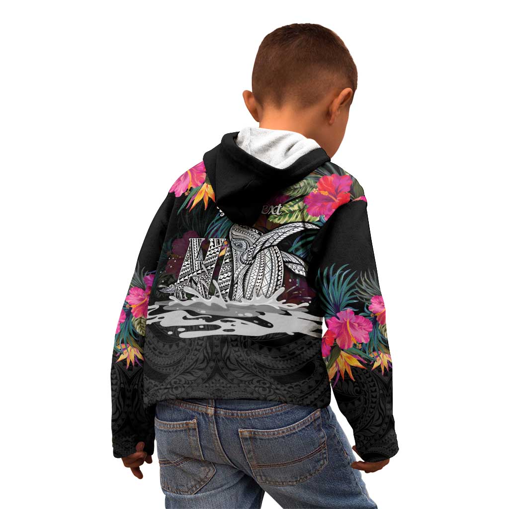 Personalised Hawaii Kid Hoodie Humpback Whale Tattoo With Tropical Flowers Black