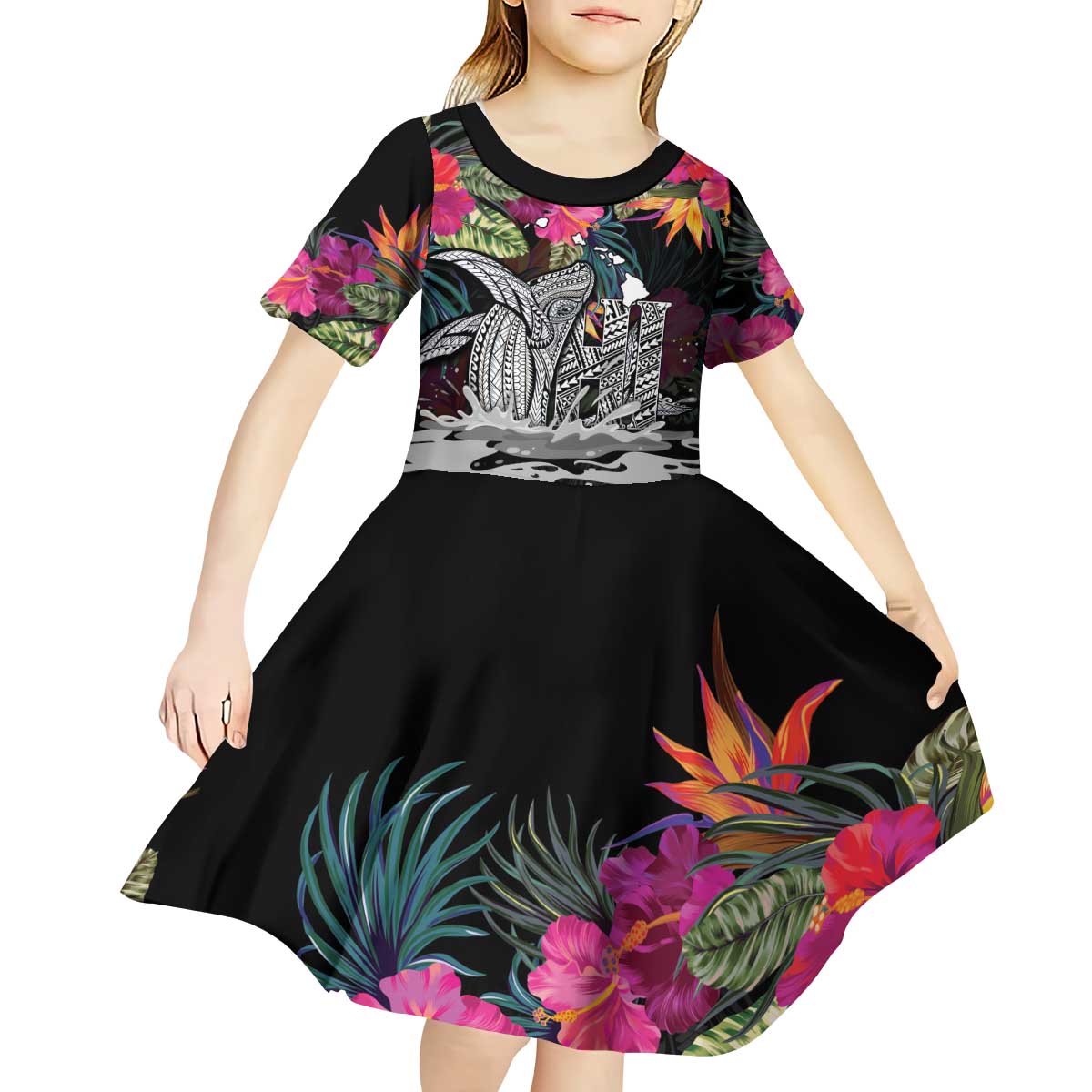Personalised Hawaii Kid Short Sleeve Dress Humpback Whale Tattoo With Tropical Flowers Black